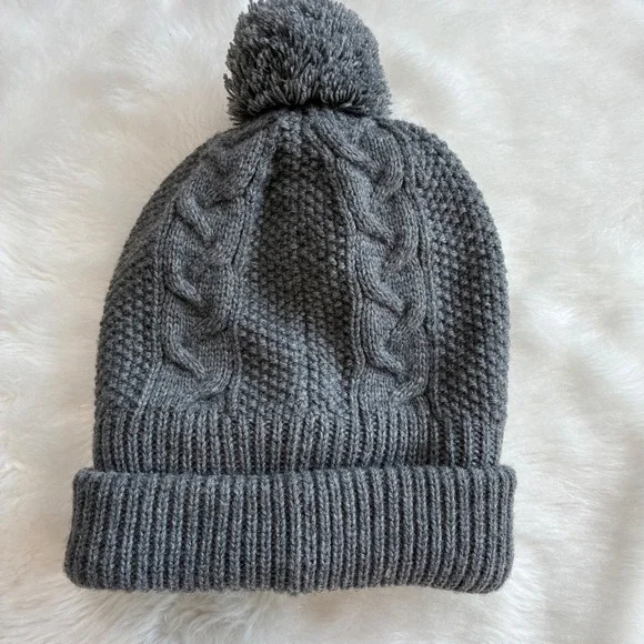 The North Face Womens Grey Cable Knit Fleece Lined Pom Beanie Hat One Size - Picture 3 of 7